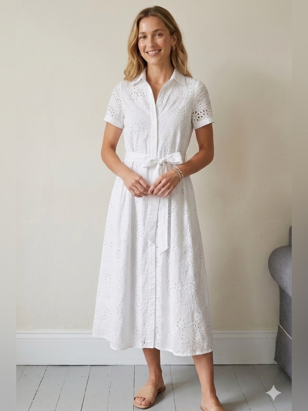 Zara White Eyelet Midi Shirt Dress Cotton Broderie Anglaise Waist Tie Size XS